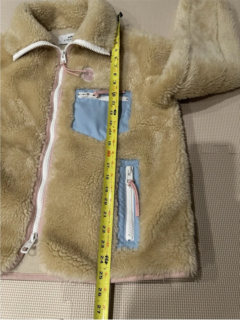 Coach 4584 Sherpa Fleece Zip Jacket, Colorblock Trim Retro Oval C Logo Gorpcore